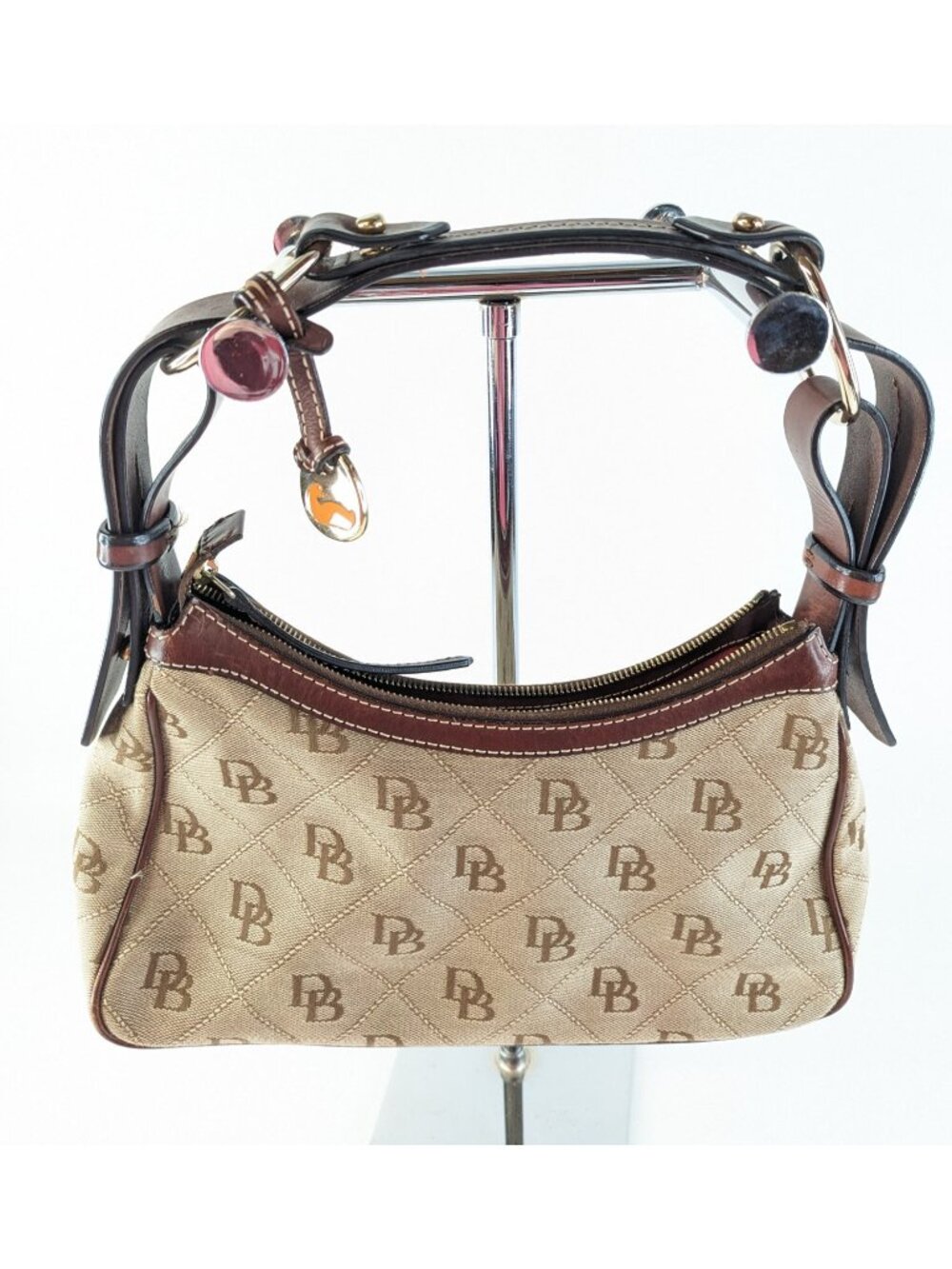 Dooney Bourke Monogram Hobo Purse Tan Brown Canvas Brass Shoulder Bag - Picture 4 of 13